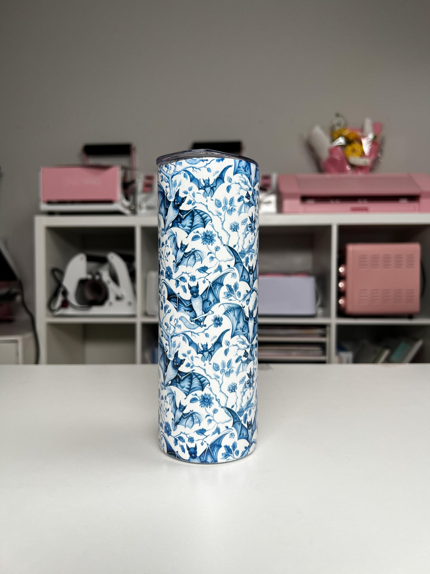 Bat Chinoiserie 20oz tumbler, Bat Toile custom tumbler, Bats custom stainless tumbler