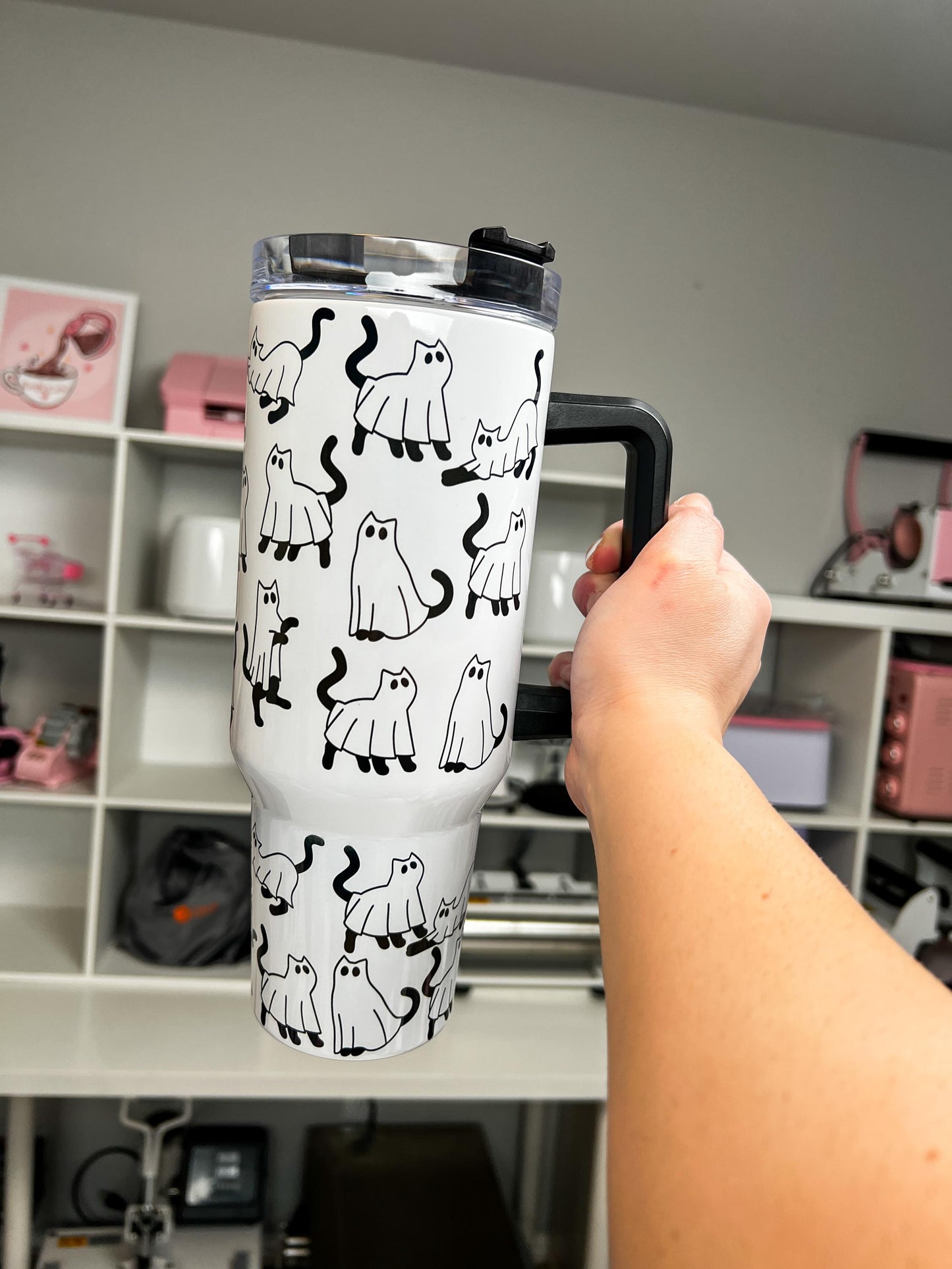 Ghostie Cats 40oz tumbler, Cat Ghosts quencher, Ghost Cats custom tumbler