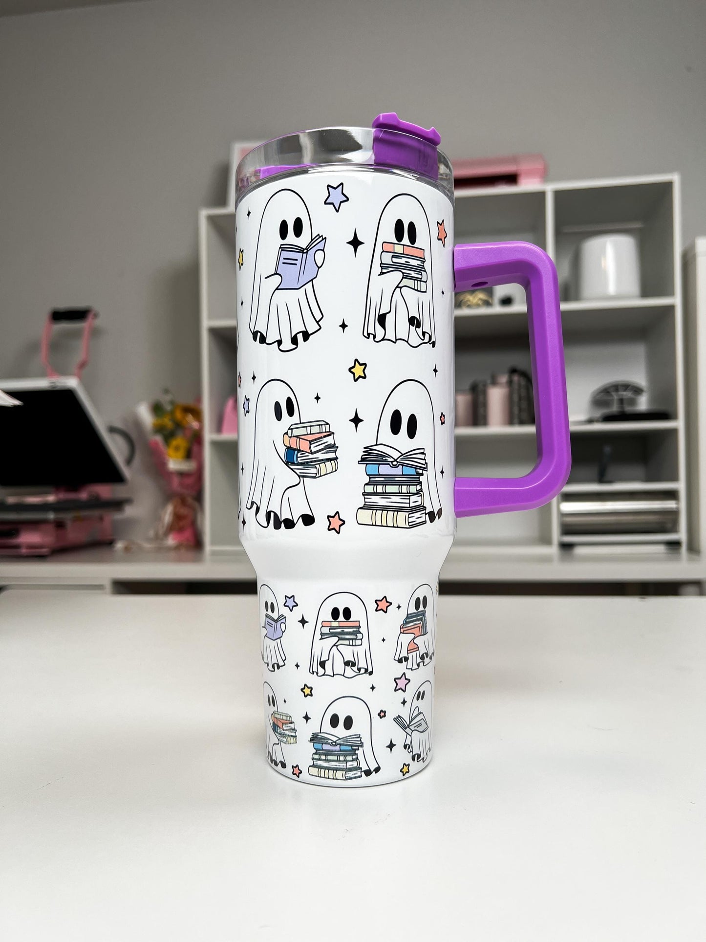 Book Ghosties 40oz tumbler, Book Ghosts quencher, Ghost Books custom tumbler