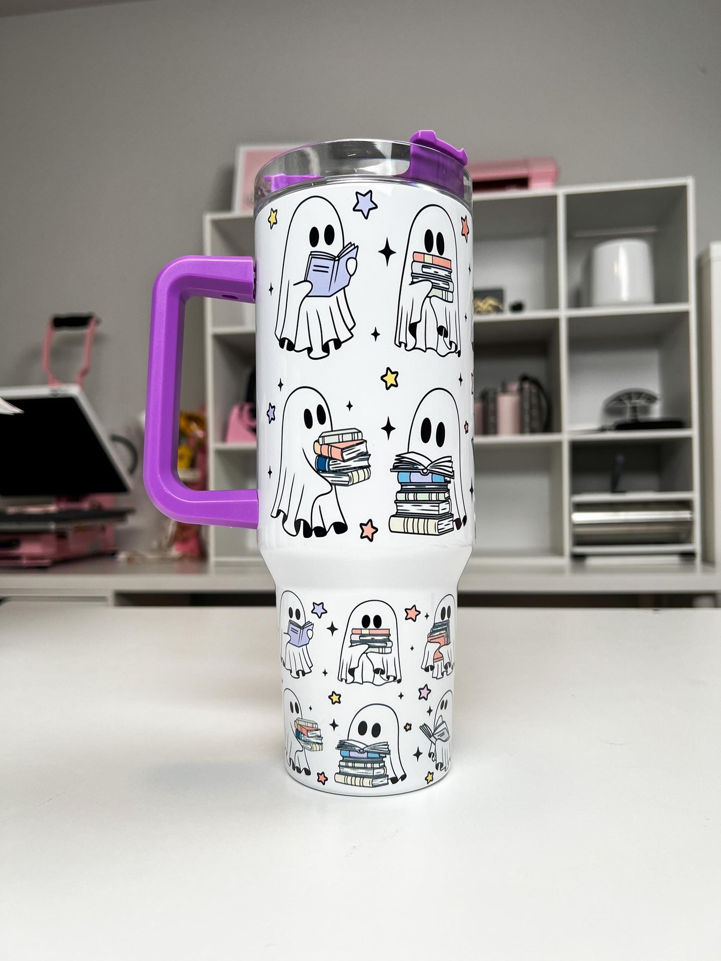 Book Ghosties 40oz tumbler, Book Ghosts quencher, Ghost Books custom tumbler