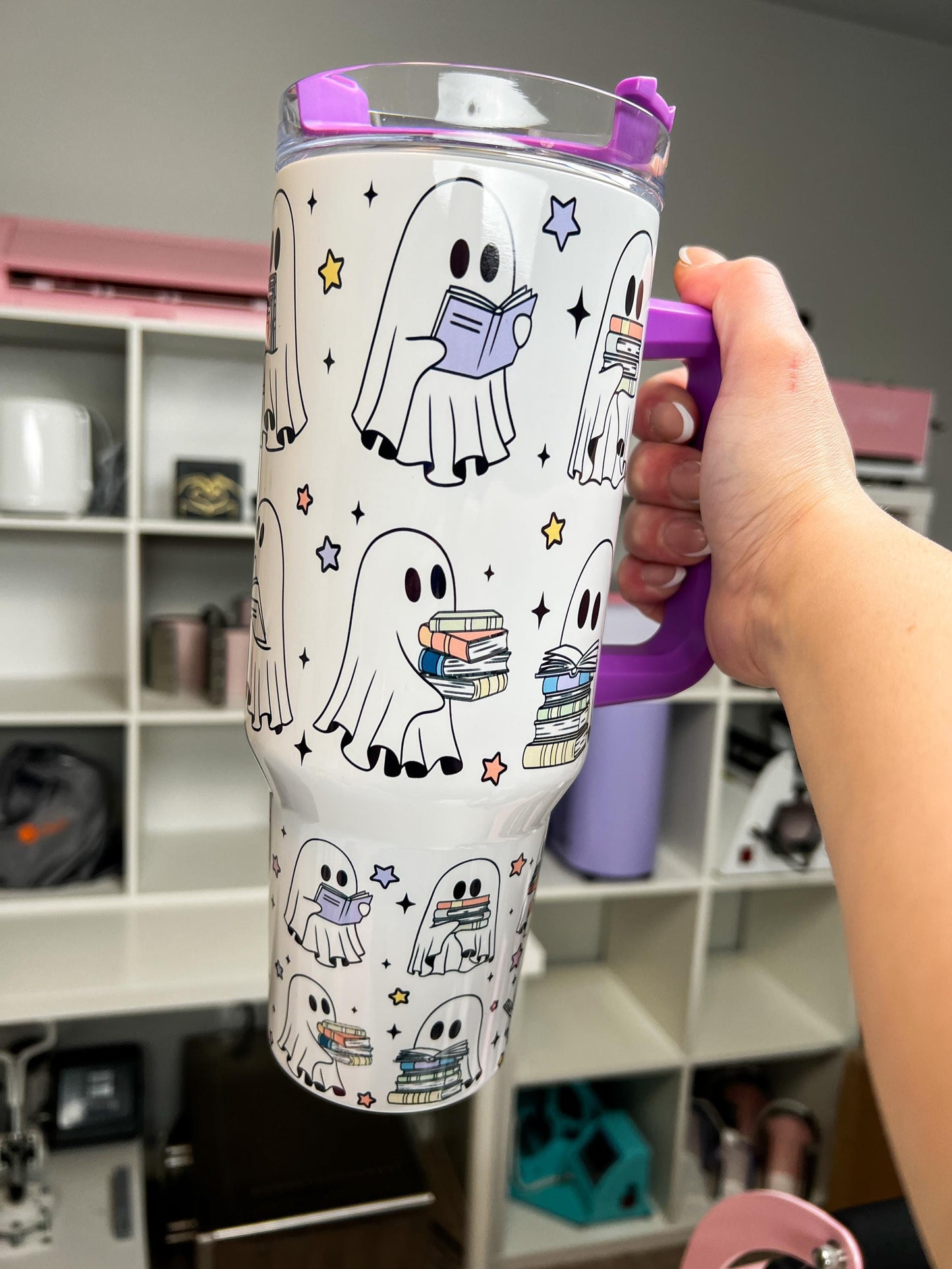 Book Ghosties 40oz tumbler, Book Ghosts quencher, Ghost Books custom tumbler
