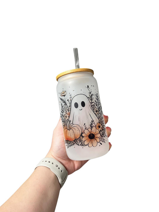 Floral Ghostie 16oz Glass, Cute Ghost custom glass, Spooky custom glass