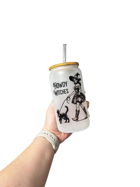Howdy Witches 16oz Glass, Cute Witch and Cat custom glass, Spooky custom glass