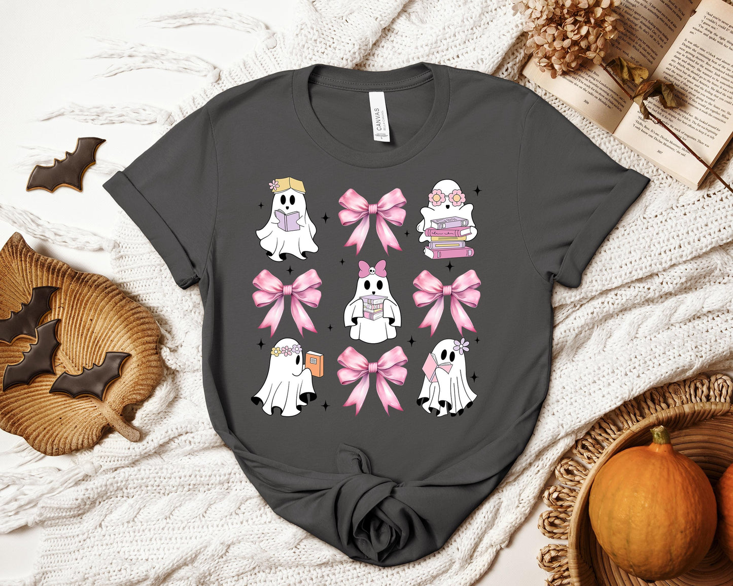 Coquette Book Ghostie T-shirt, Reading Ghost Shirt, Book Lover Shirt, Girly Book Shirt