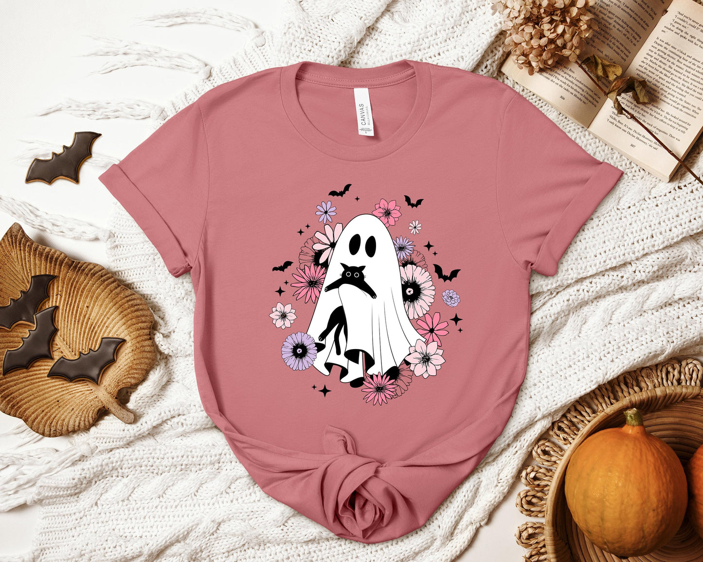 Floral Ghostie T-shirt, Ghost and Cat Shirt, Cat Lover Shirt, Spooky Shirt