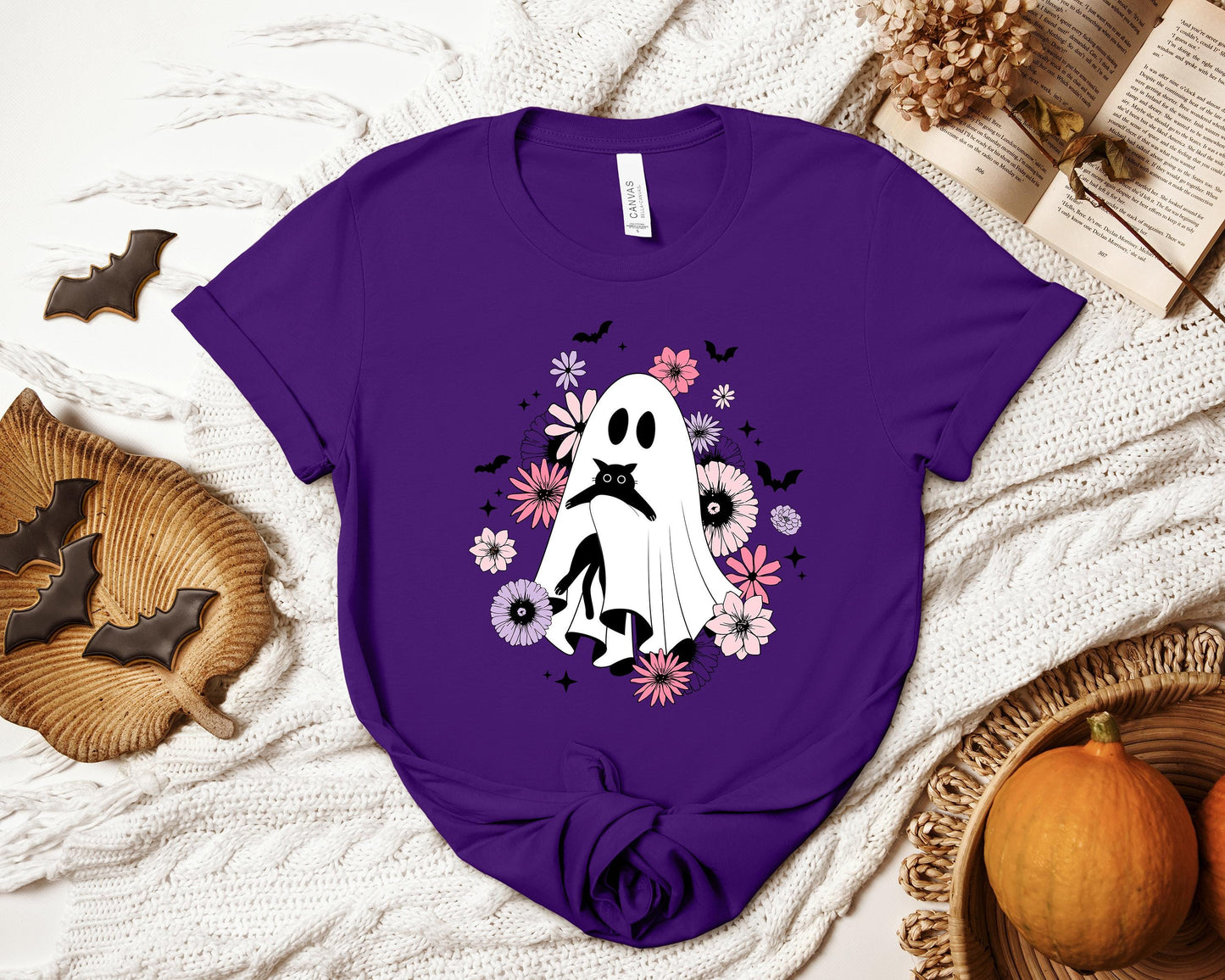 Floral Ghostie T-shirt, Ghost and Cat Shirt, Cat Lover Shirt, Spooky Shirt