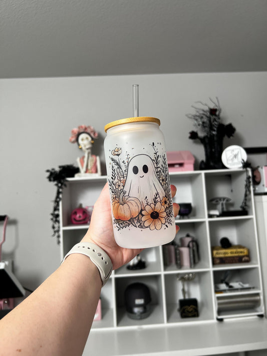 Floral Ghostie 16oz Glass, Cute Ghost custom glass, Spooky custom glass