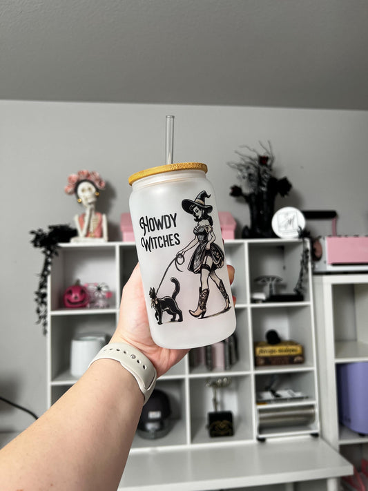 Howdy Witches 16oz Glass, Cute Witch and Cat custom glass, Spooky custom glass