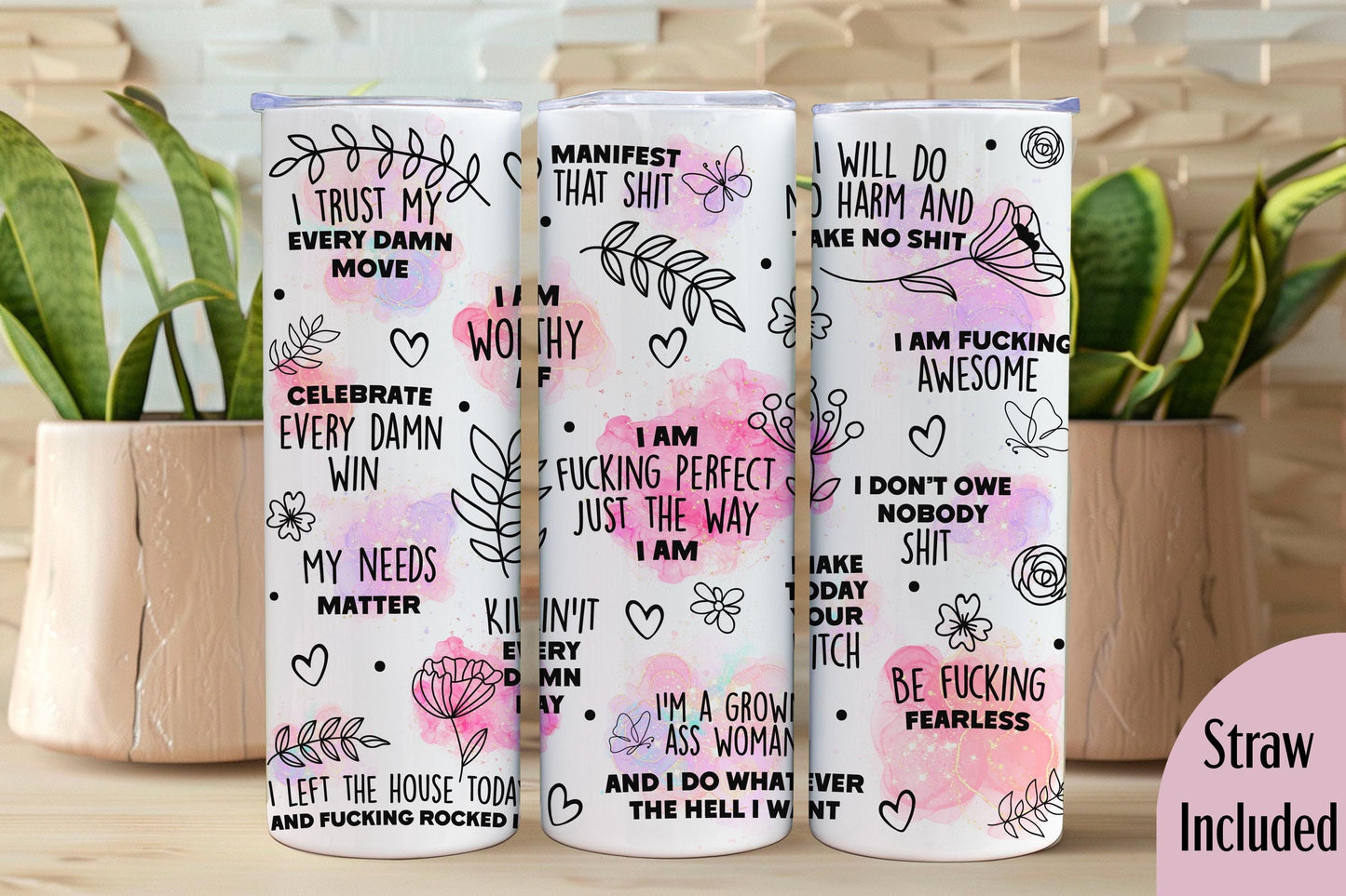 Daily Positive Affirmations, Spicy Words Tumbler, Mental Health Gift, Positive Affirmations Gift, 20oz Skinny Tumbler with Lid & Straw