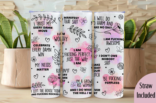Daily Positive Affirmations, Spicy Words Tumbler, Mental Health Gift, Positive Affirmations Gift, 20oz Skinny Tumbler with Lid & Straw