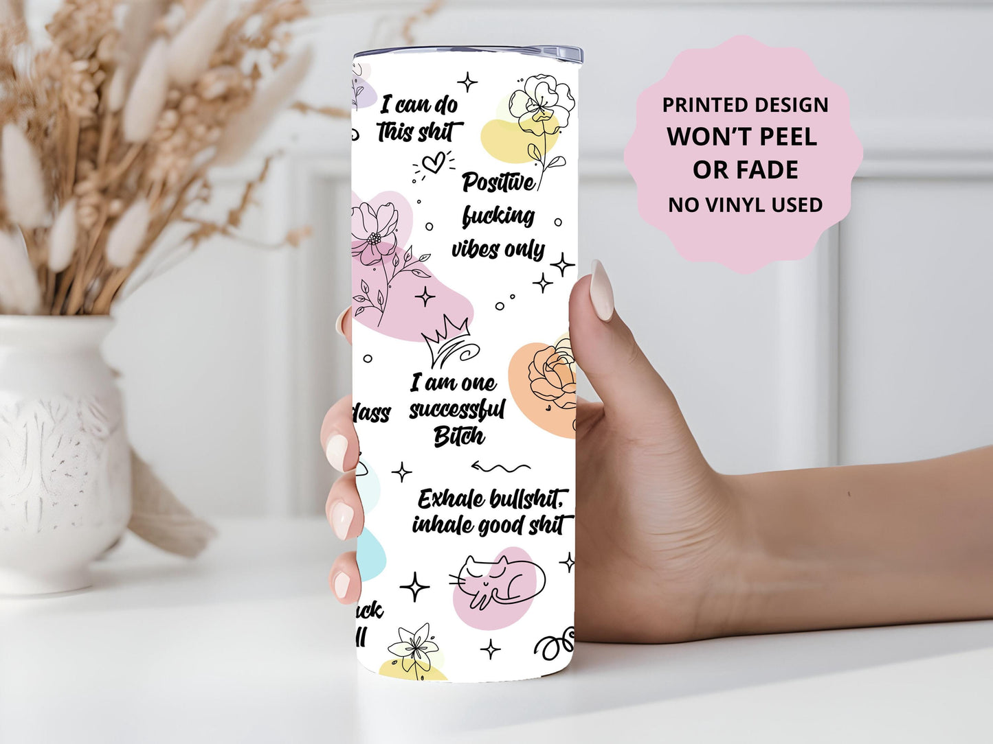 Daily Positive Affirmations, Spicy Words Tumbler, Mental Health Gift, Positive Affirmations Gift, 20oz Skinny Tumbler with Lid & Straw