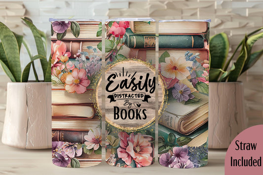 Easily Distracted By Books Tumbler, Book Lover Tumbler, Book Lover Gift, Gifts for Book Lovers, 20oz Skinny Tumbler with Lid & Straw
