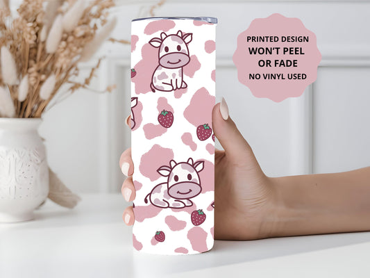 Strawberry Cow Tumbler, Cow Tumbler, Cow Lover Gift, Strawberry Milk, 20oz Skinny Tumbler with Lid & Straw