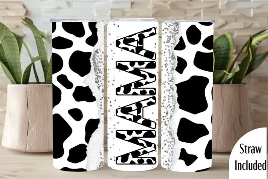 Mama Tumbler, Cow Print Mama Tumbler, Mom Gift, Mama, 20oz Skinny Tumbler with Lid & Straw