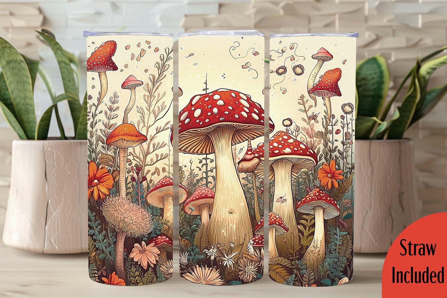 Mushroom Tumbler, Retro Mushroom Tumbler, Gift, 20oz Skinny Tumbler with Lid & Straw