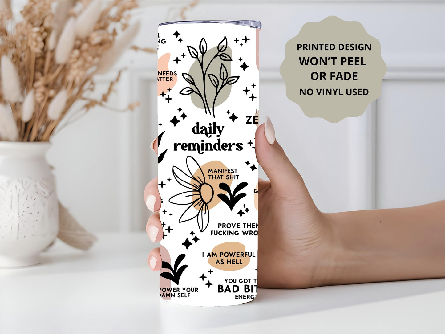 Daily Positive Affirmations, Spicy Words Tumbler, Mental Health Gift, Positive Affirmations Gift, 20oz Skinny Tumbler with Lid & Straw