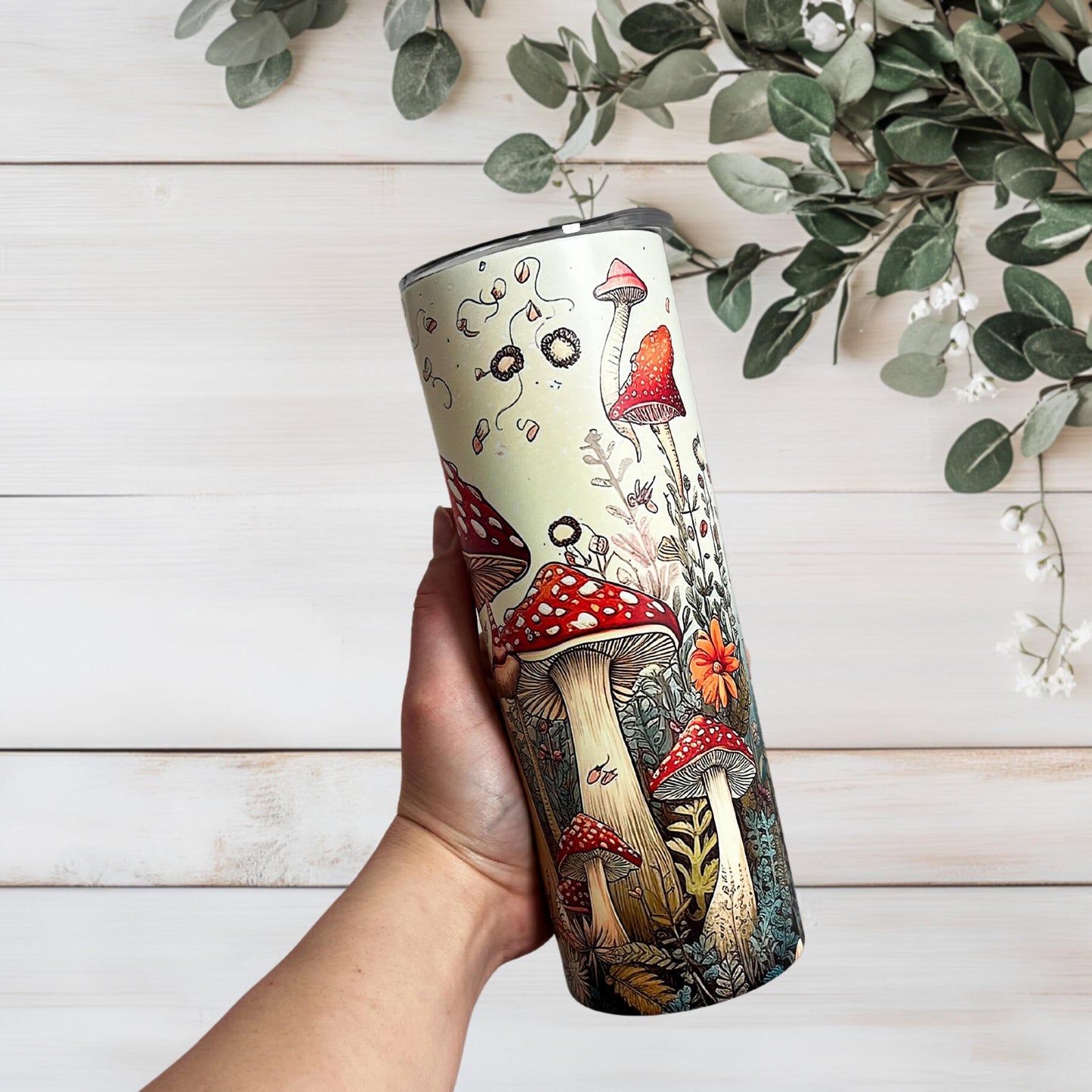 Mushroom Tumbler, Retro Mushroom Tumbler, Gift, 20oz Skinny Tumbler with Lid & Straw