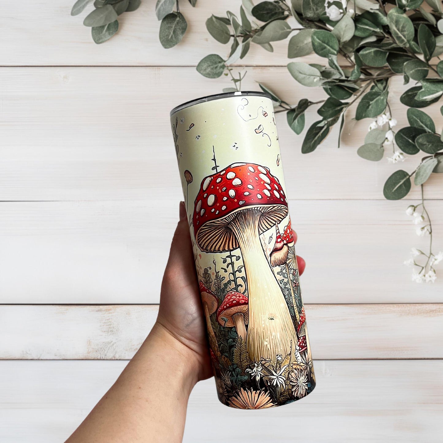 Mushroom Tumbler, Retro Mushroom Tumbler, Gift, 20oz Skinny Tumbler with Lid & Straw