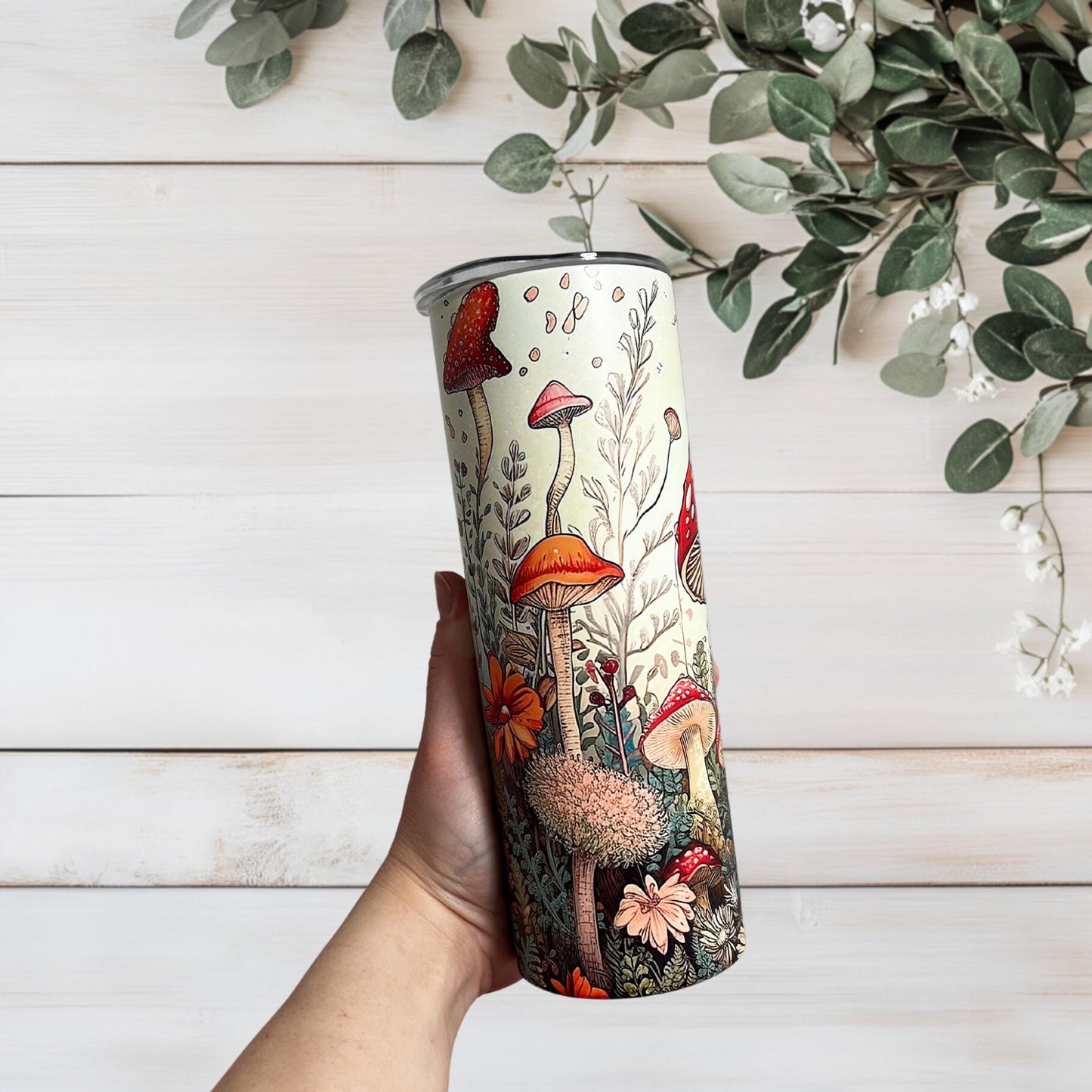 Mushroom Tumbler, Retro Mushroom Tumbler, Gift, 20oz Skinny Tumbler with Lid & Straw