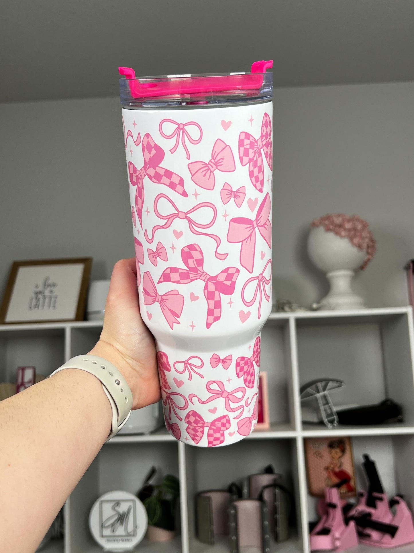 Coquette 40oz tumbler, Girly Pink Coquette quencher, Coquette Bows custom tumbler