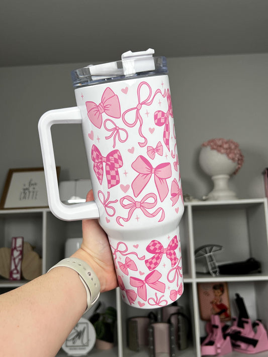 Coquette 40oz tumbler, Girly Pink Coquette quencher, Coquette Bows custom tumbler
