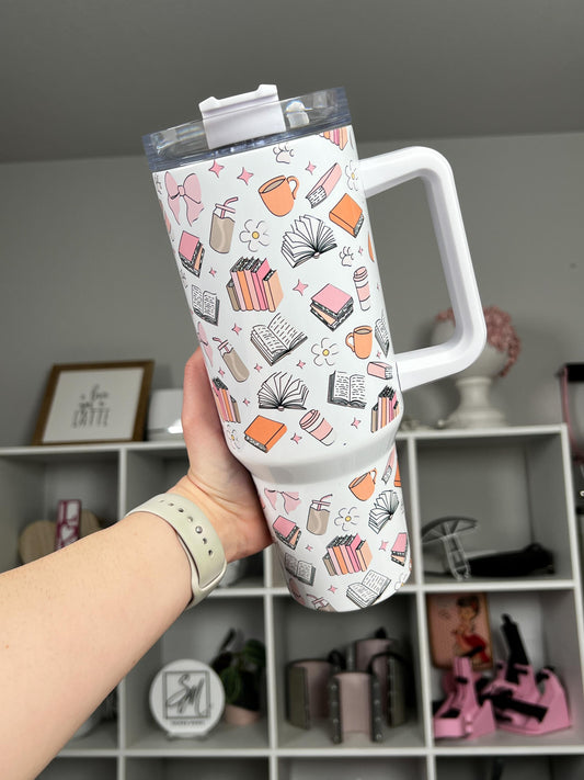 Bookish 40oz tumbler, Cozy Book Vibes quencher, Book Lover custom tumbler