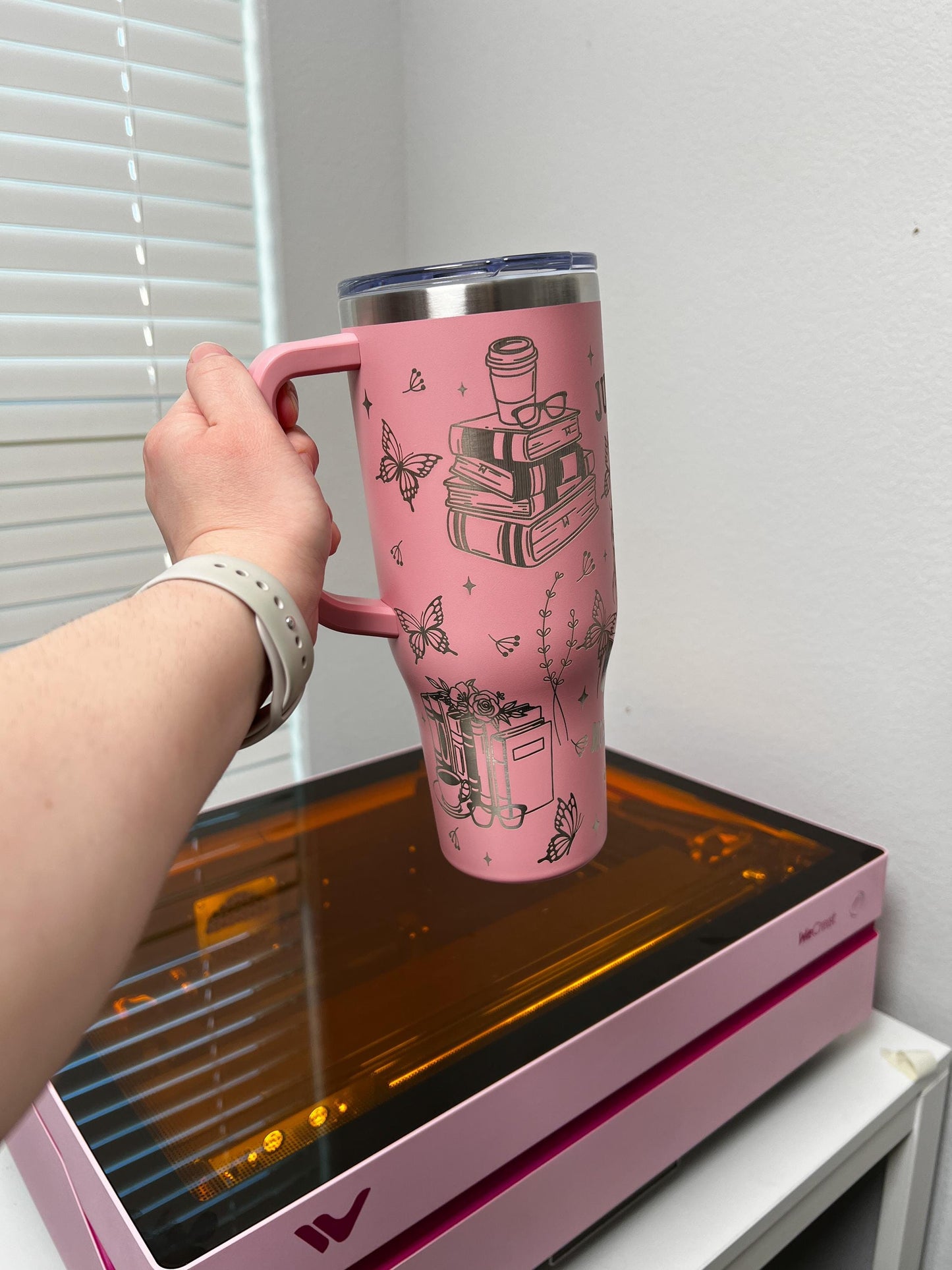 Just One More Chapter Engraved 40oz tumbler, Bookish Engraved quencher, Book Lover custom tumbler