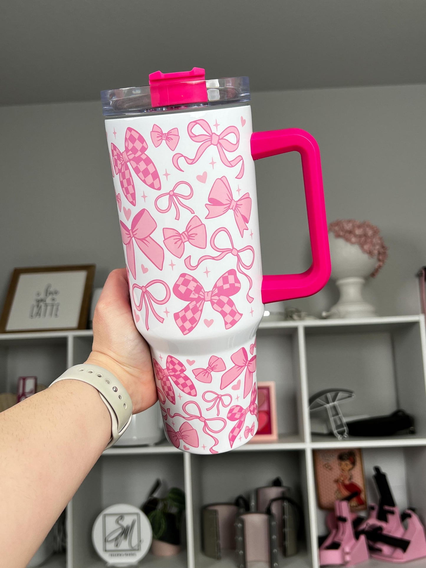 Coquette 40oz tumbler, Girly Pink Coquette quencher, Coquette Bows custom tumbler