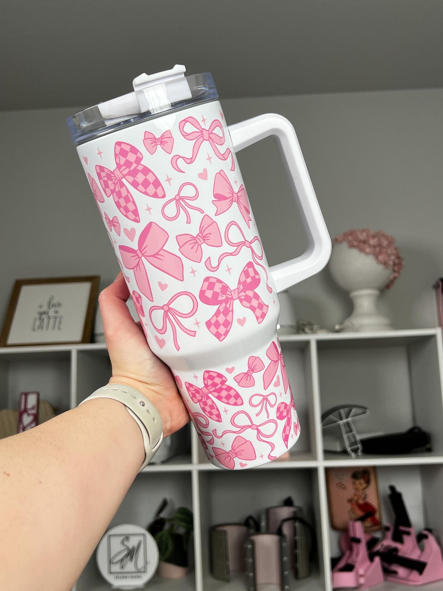 Coquette 40oz tumbler, Girly Pink Coquette quencher, Coquette Bows custom tumbler