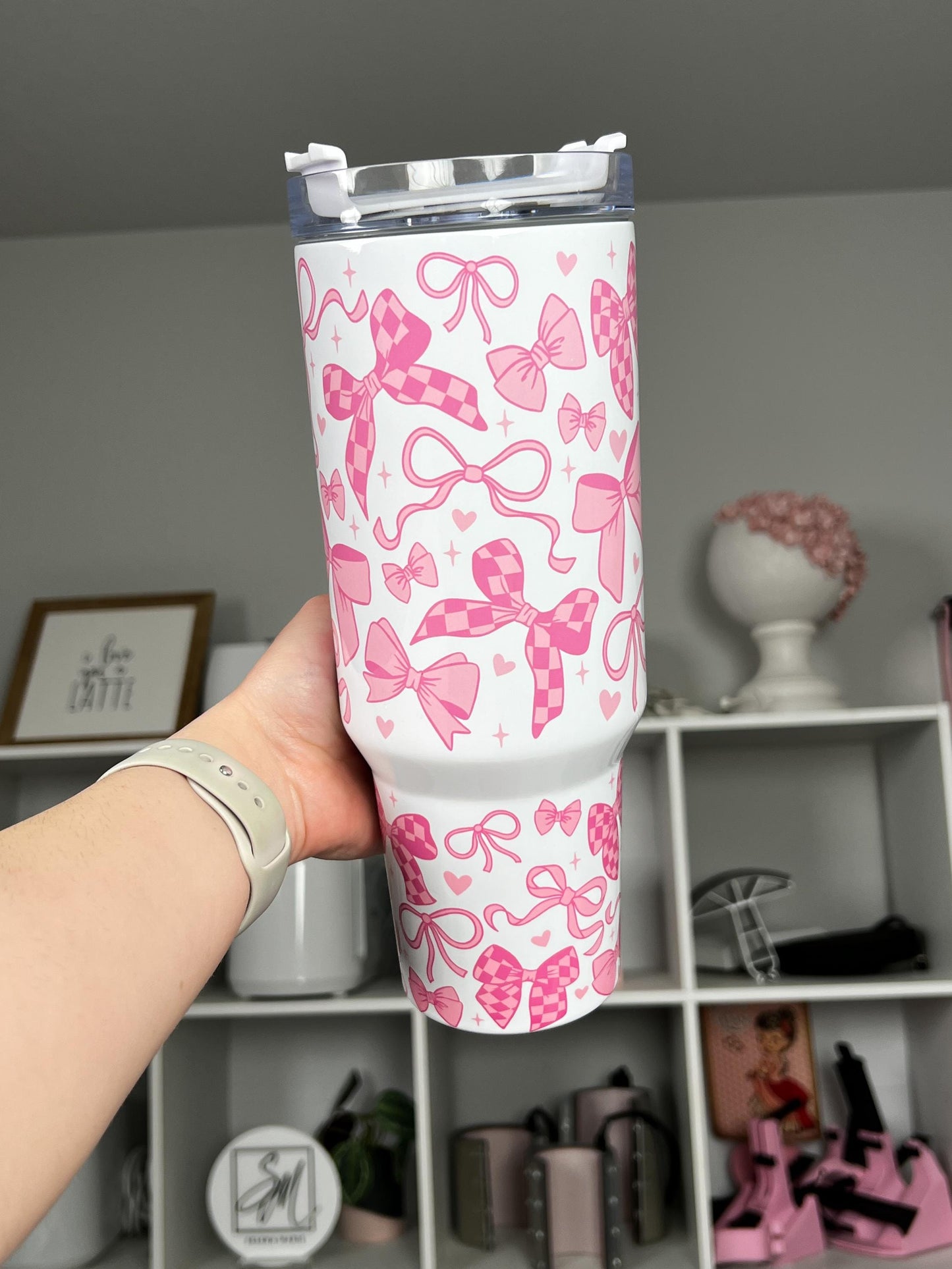 Coquette 40oz tumbler, Girly Pink Coquette quencher, Coquette Bows custom tumbler