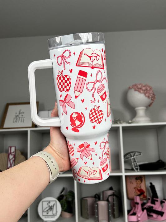 Teacher Coquette 40oz tumbler, Coquette quencher, Coquette Bows custom tumbler