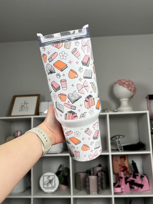 Bookish 40oz tumbler, Cozy Book Vibes quencher, Book Lover custom tumbler