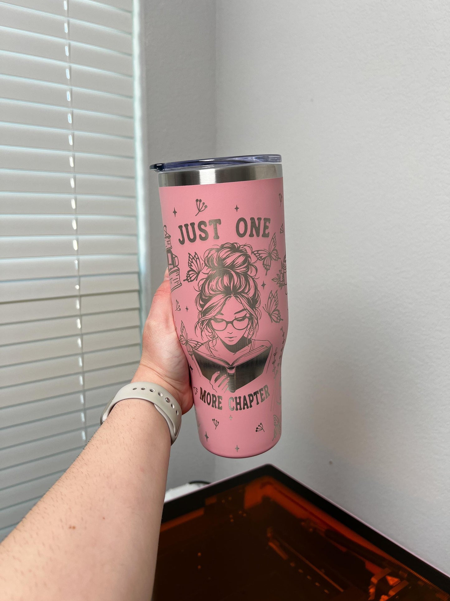 Just One More Chapter Engraved 40oz tumbler, Bookish Engraved quencher, Book Lover custom tumbler