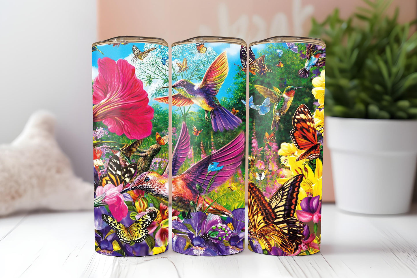 Hummingbird Tumbler, Colorful Nature Tumbler, Gift, 20oz Skinny Tumbler with Lid & Straw