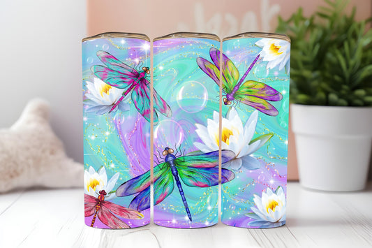 Dragonfly Tumbler, Colorful Nature Tumbler, Gift, 20oz Skinny Tumbler with Lid & Straw