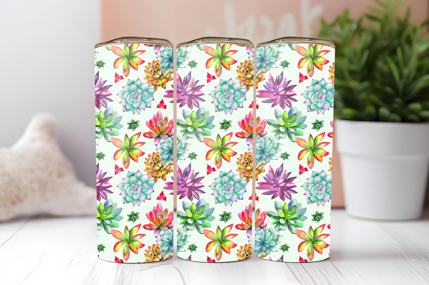 Succulents 20oz tumbler, Colorful tumbler, Plants custom stainless tumbler
