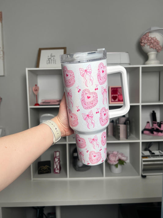 Coquette Cake 40oz tumbler, Girly Cake Coquette quencher, Pink Cake custom tumbler