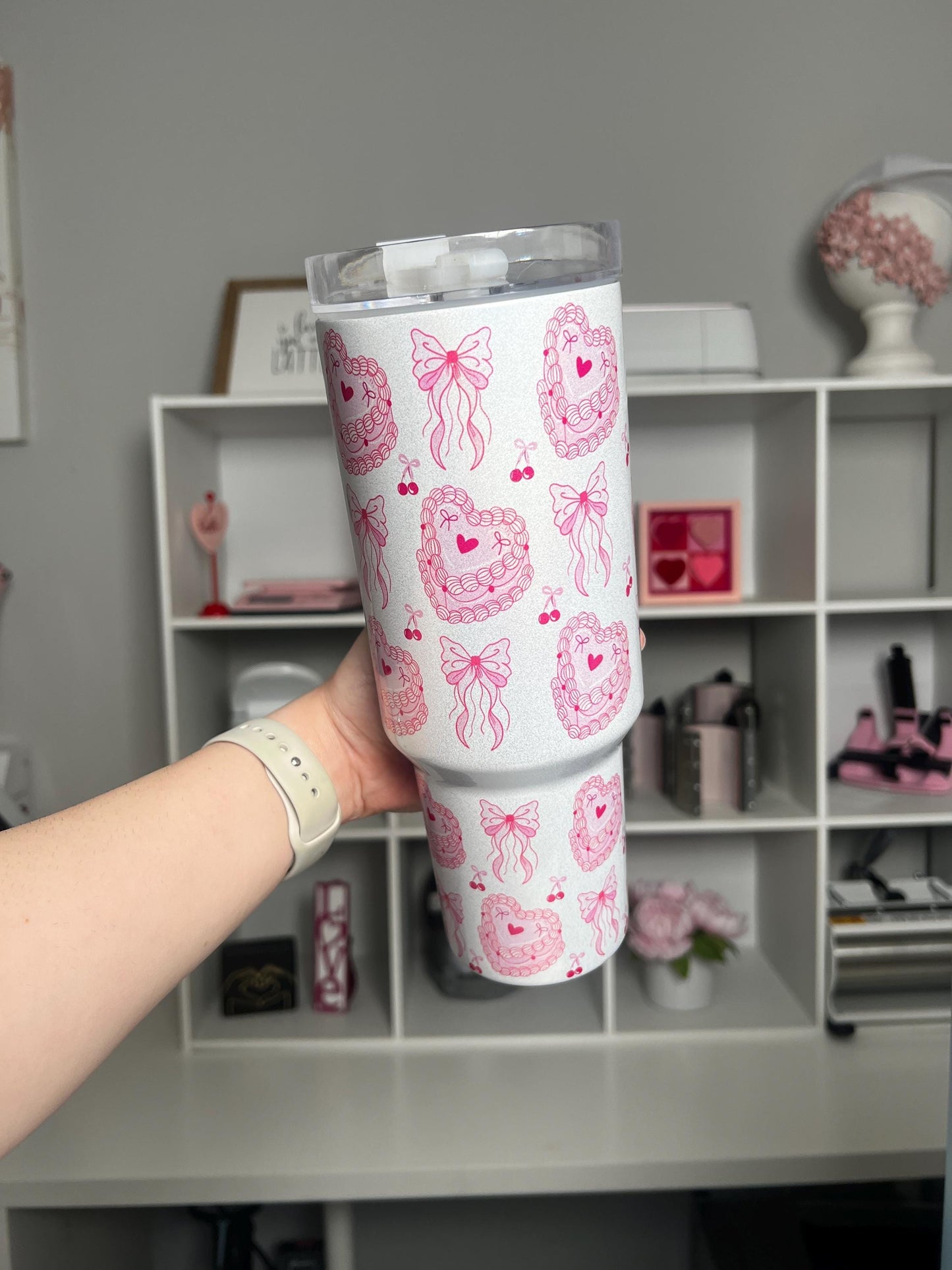 Coquette Cake 40oz tumbler, Girly Cake Coquette quencher, Pink Cake custom tumbler