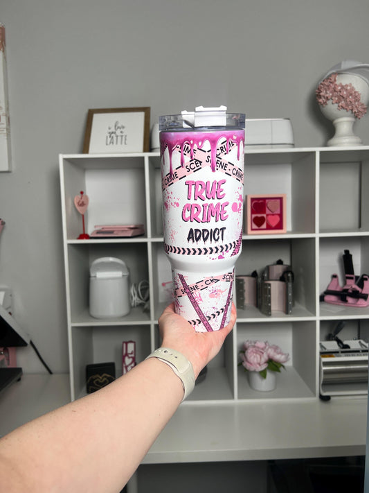 True Crime Addict 40oz tumbler, True Crime Lover quencher, Pink True Crime custom tumbler