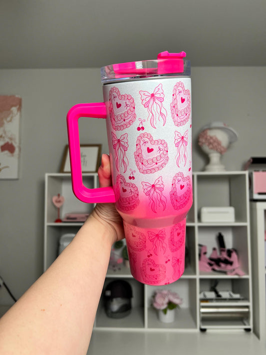 Coquette Cake Pink Ombre 40oz tumbler, Girly Pink Cake Coquette quencher, Hot Pink Cake custom tumbler