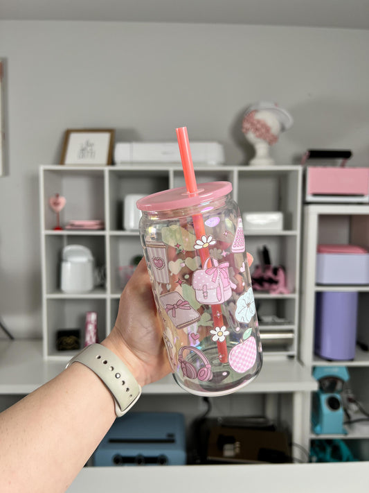 Office Girly 16oz Glass Can, Girly Vibes custom glass, Working Girlie custom glass