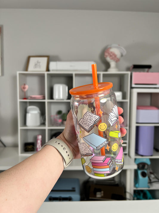 Bookish 16oz Glass Can, Book Vibes custom glass, Happy Book Vibes custom glass