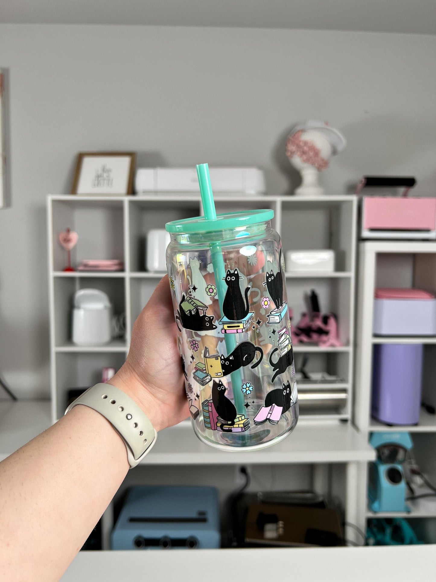 Books and Cats 16oz Glass Can, Books and Cats Vibes custom glass, Cat Lover Vibes custom glass