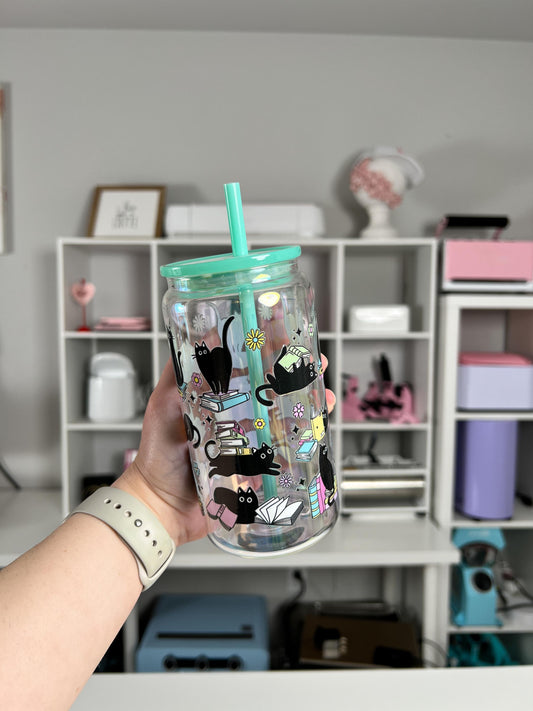 Books and Cats 16oz Glass Can, Books and Cats Vibes custom glass, Cat Lover Vibes custom glass