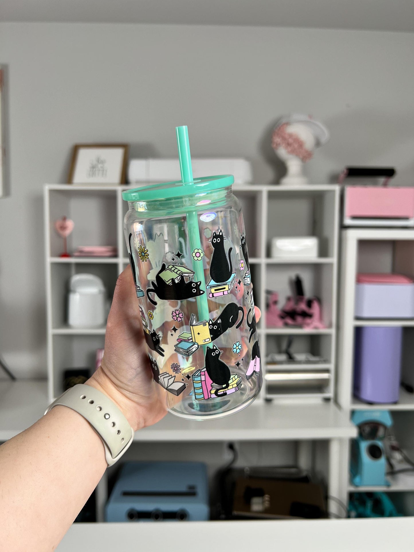 Books and Cats 16oz Glass Can, Books and Cats Vibes custom glass, Cat Lover Vibes custom glass