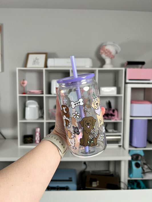 Pups and Spring 16oz Glass Can, Spring Vibes custom glass, Dog Lover Vibes custom glass