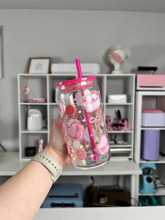 Coquette Cake 16oz Glass Can, Cake Vibes custom glass, Coquette Vibes custom glass
