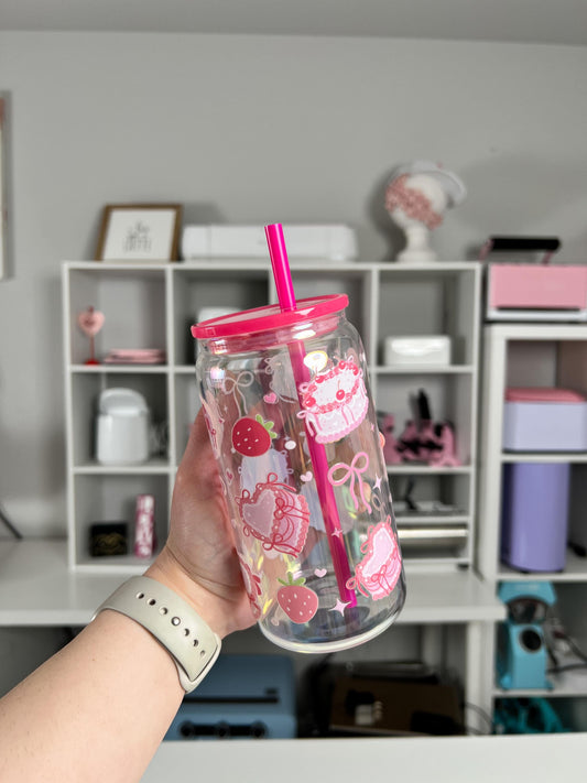 Coquette Cake 16oz Glass Can, Cake Vibes custom glass, Coquette Vibes custom glass