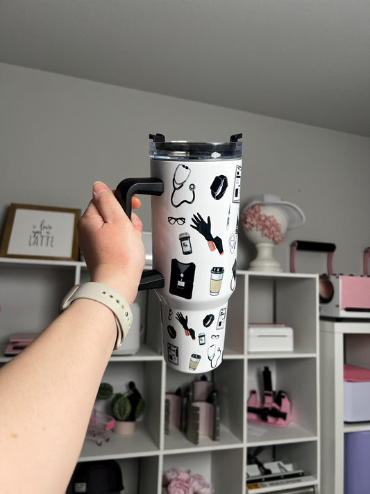 Nurse Themed 40oz tumbler, Nurse quencher, Nurse Icons custom tumbler