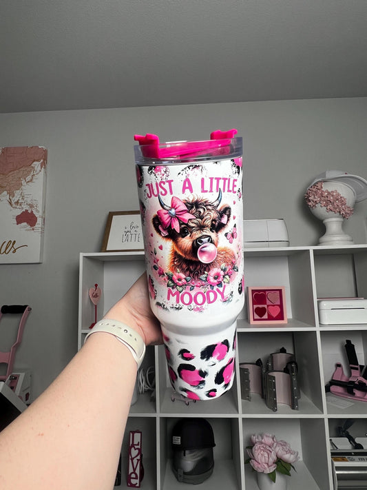 Just A Little Moody 40oz tumbler, Funny quencher, Cow Print custom tumbler